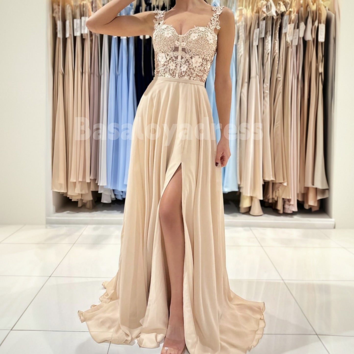 BDES00046 A-Line Sweetheart Sleeveless Floor-Length Chiffon Lace Applique Prom Dress with Leg Slits