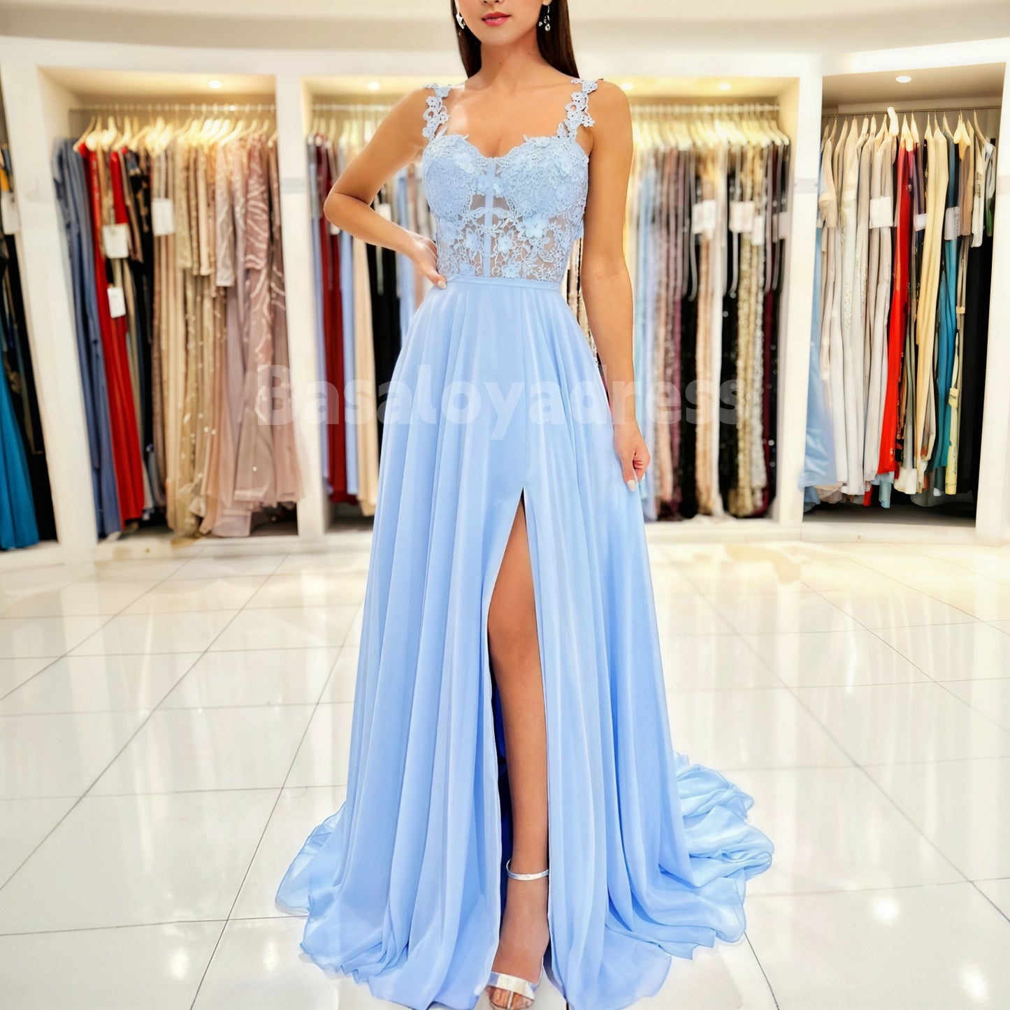 BDES00046 A-Line Sweetheart Sleeveless Floor-Length Chiffon Lace Applique Prom Dress with Leg Slits