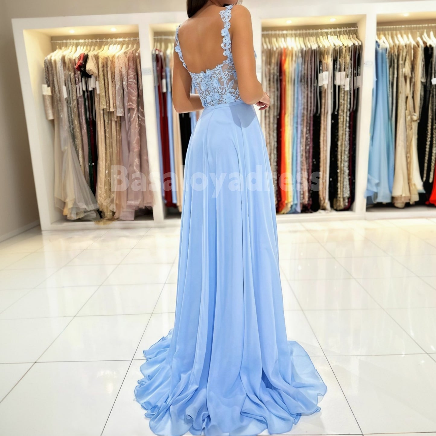 BDES00046 A-Line Sweetheart Sleeveless Floor-Length Chiffon Lace Applique Prom Dress with Leg Slits