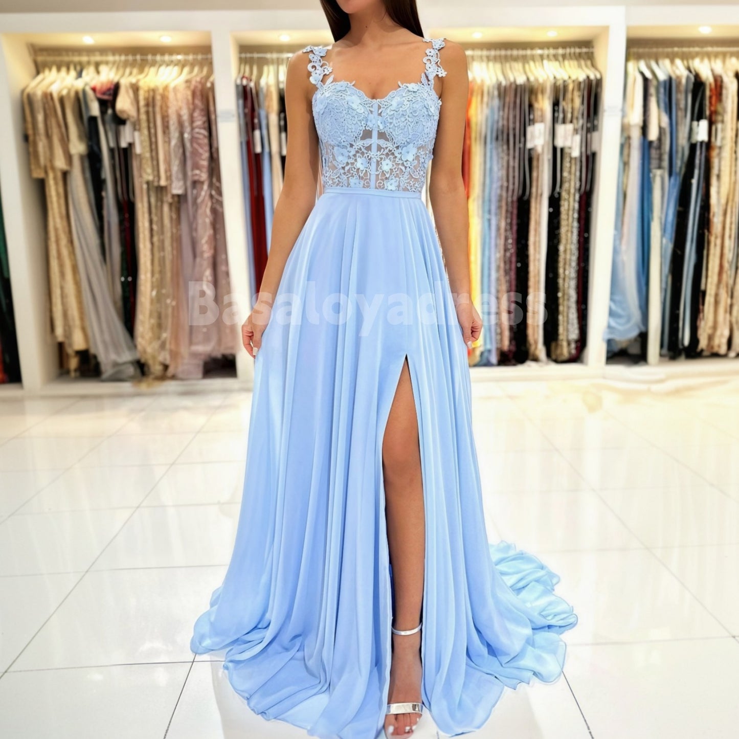 BDES00046 A-Line Sweetheart Sleeveless Floor-Length Chiffon Lace Applique Prom Dress with Leg Slits