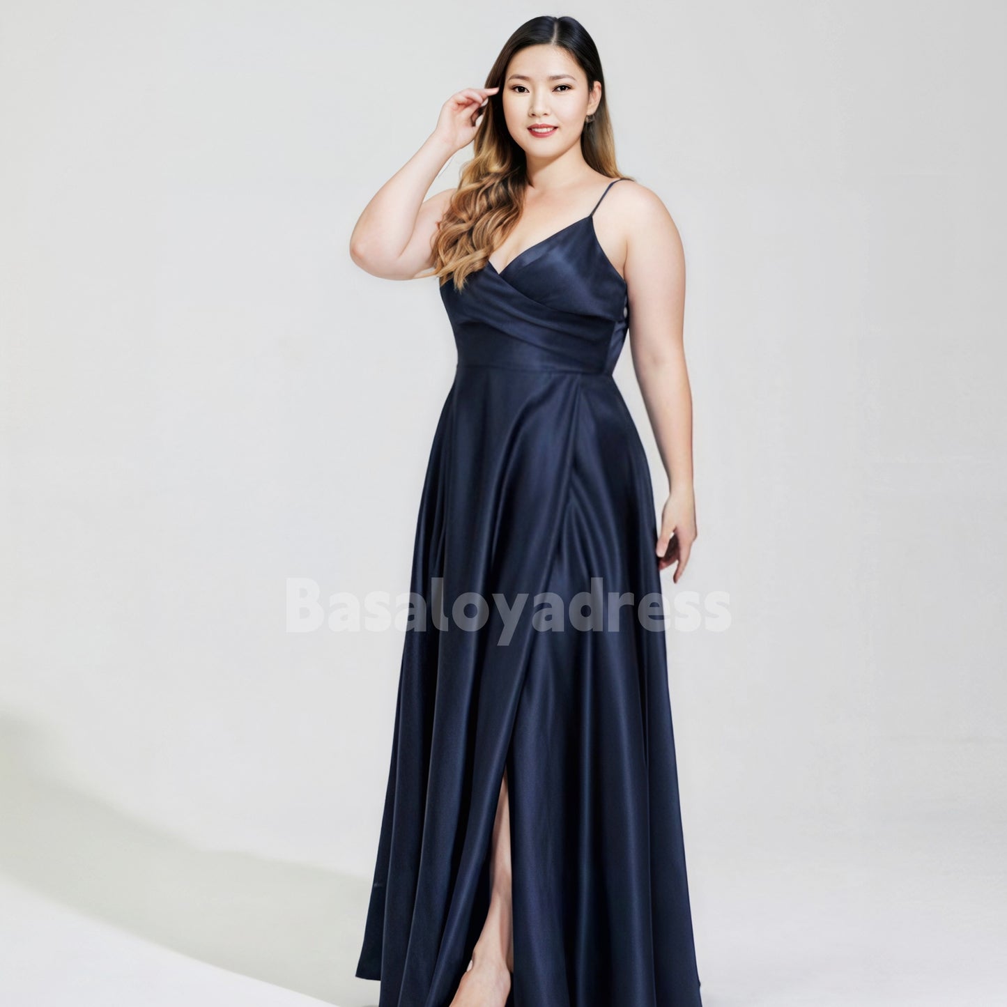 BDES00047 A-line V-Neck Floor-Length Satin Pleated Prom Dresses with Leg Slits for Plus Size Women