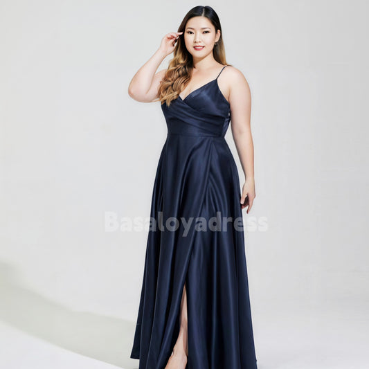 BDES00047 A-line V-Neck Floor-Length Satin Pleated Prom Dresses with Leg Slits for Plus Size Women