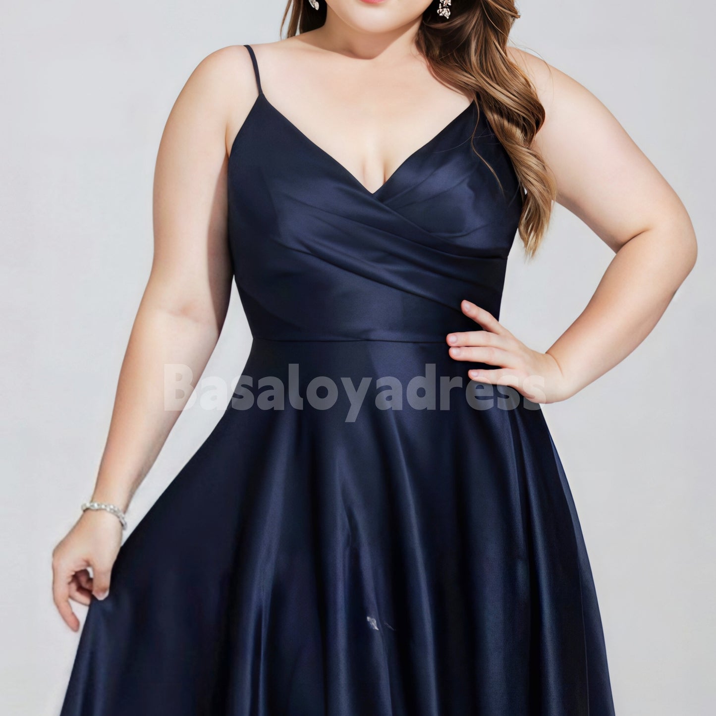 BDES00047 A-line V-Neck Floor-Length Satin Pleated Prom Dresses with Leg Slits for Plus Size Women