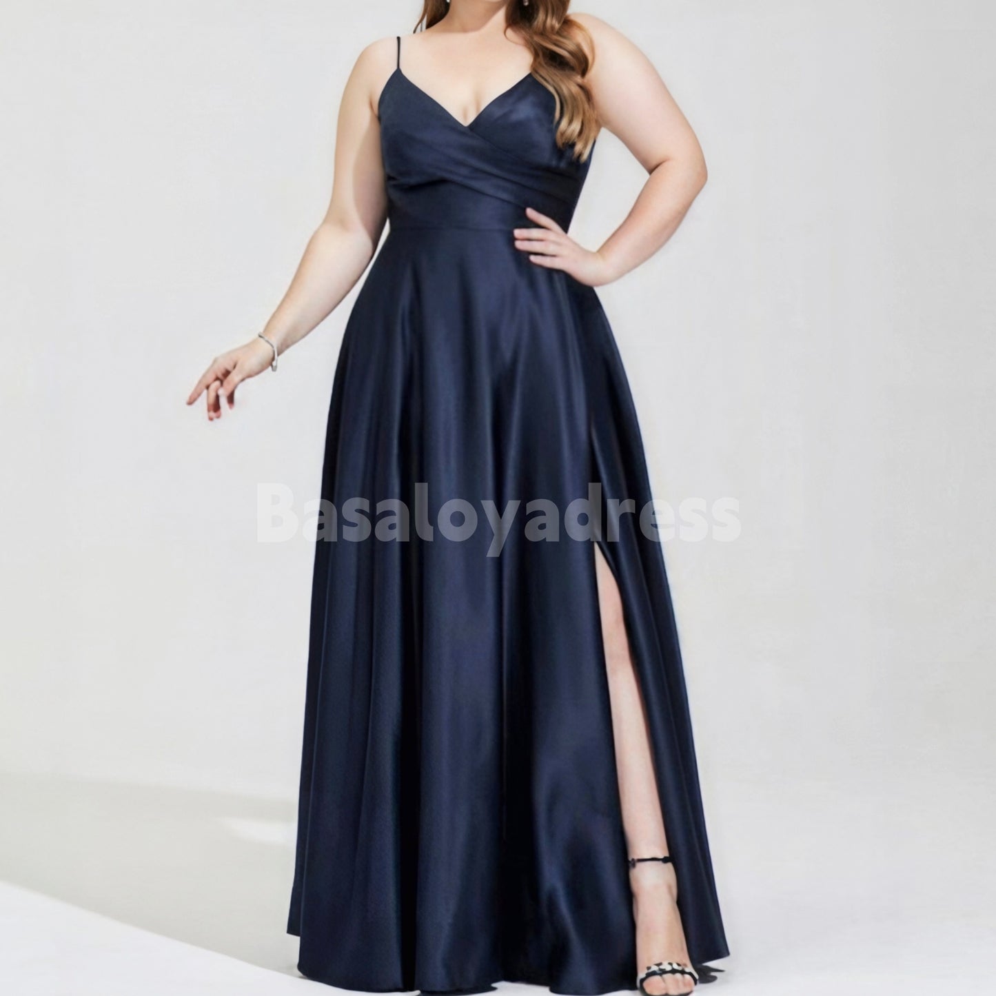 BDES00047 A-line V-Neck Floor-Length Satin Pleated Prom Dresses with Leg Slits for Plus Size Women