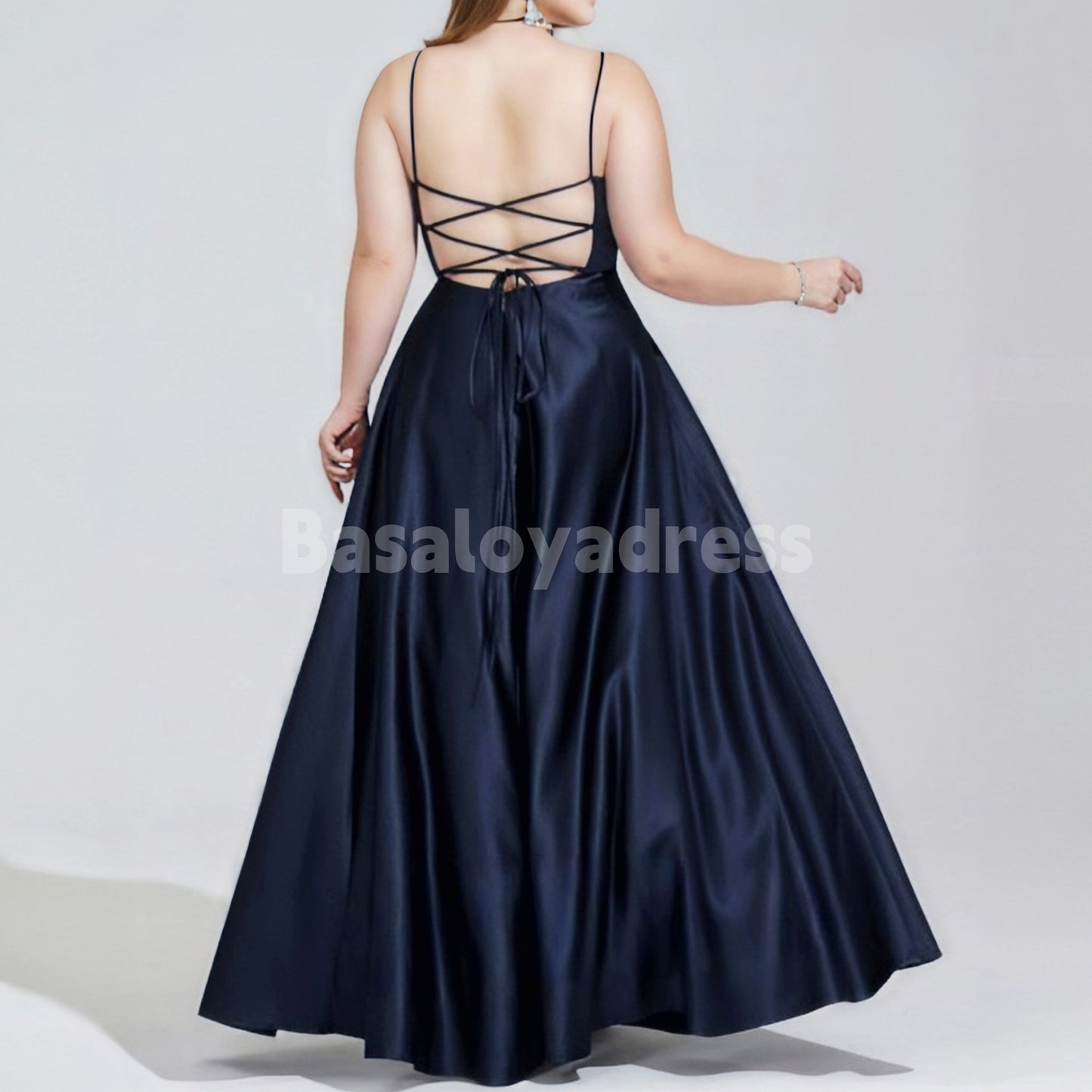 BDES00047 A-line V-Neck Floor-Length Satin Pleated Prom Dresses with Leg Slits for Plus Size Women