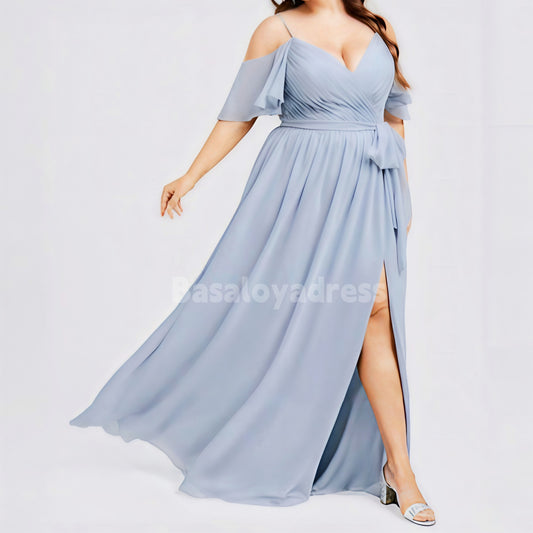 BDES00048 Plus Size A-line Off Shoulder Backless Floor-Length Chiffon Bridesmaid Dress With Ruffle