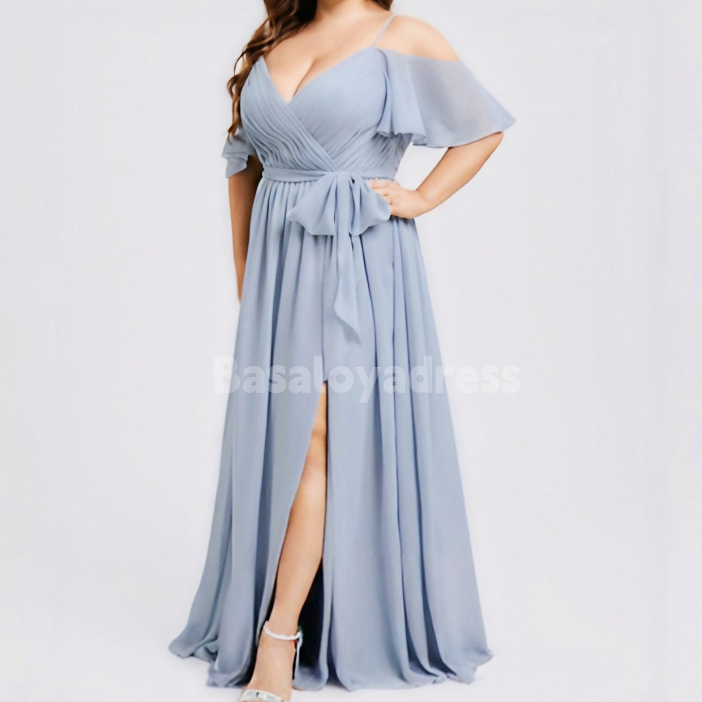 BDES00048 Plus Size A-line Off Shoulder Backless Floor-Length Chiffon Bridesmaid Dress With Ruffle