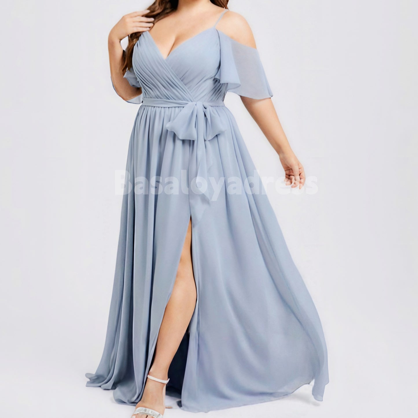 BDES00048 Plus Size A-line Off Shoulder Backless Floor-Length Chiffon Bridesmaid Dress With Ruffle