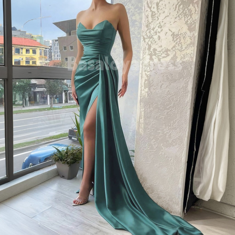 BDES00052 Trumpet/Mermaid Pleated Evening Dress Sweetheart Neck Strapless Court Train Satin Prom Dress With Split