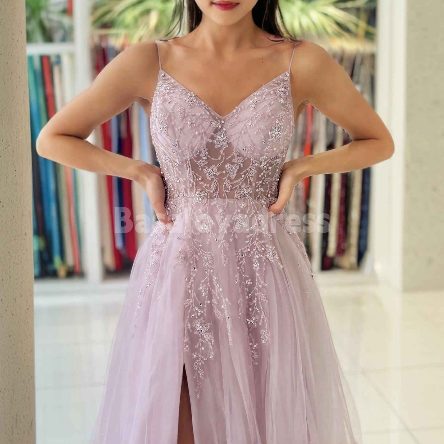 BDES00051 Light-colored Tulle Leg Slit A-line V-neck Spaghetti Straps with Train Prom Dress, Lace Appliques with Beaded Sequins