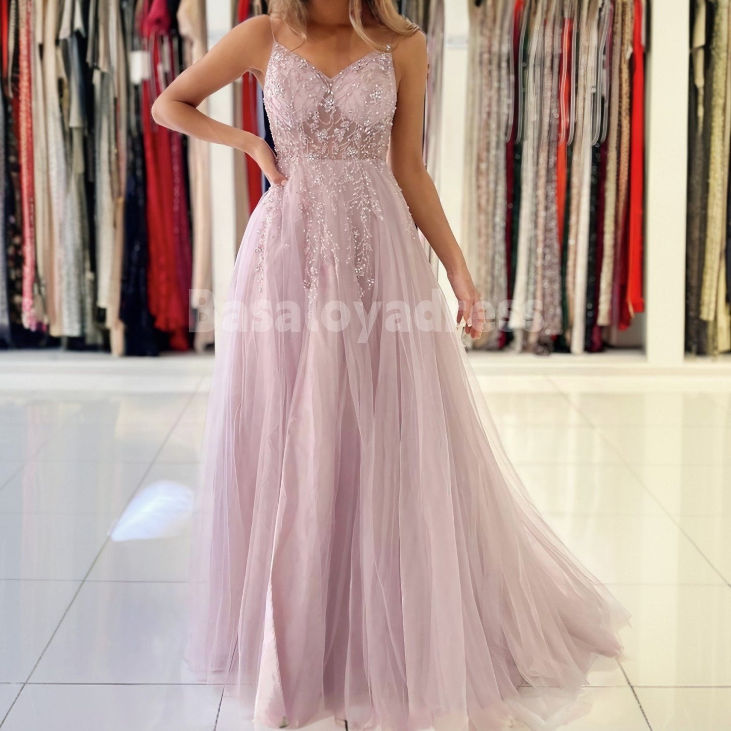 BDES00051 Light-colored Tulle Leg Slit A-line V-neck Spaghetti Straps with Train Prom Dress, Lace Appliques with Beaded Sequins