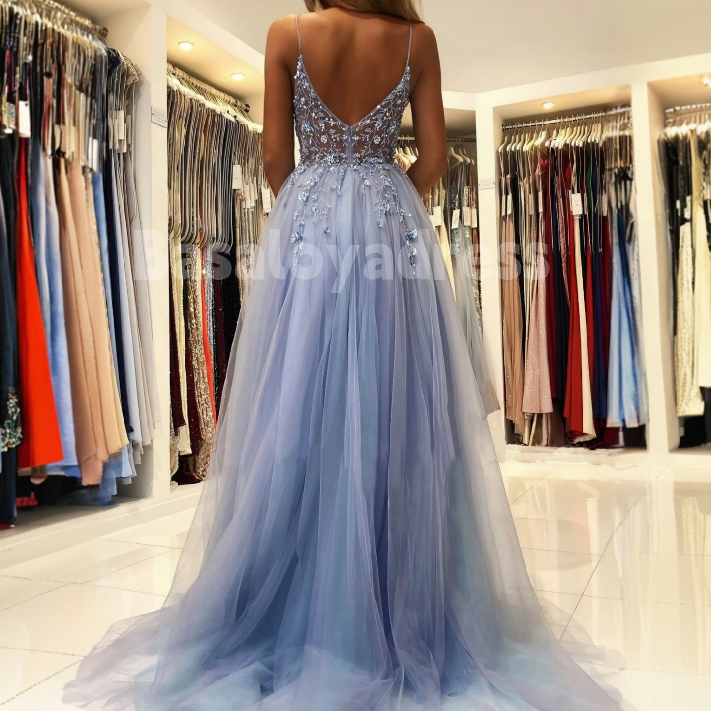BDES00051 Light-colored Tulle Leg Slit A-line V-neck Spaghetti Straps with Train Prom Dress, Lace Appliques with Beaded Sequins