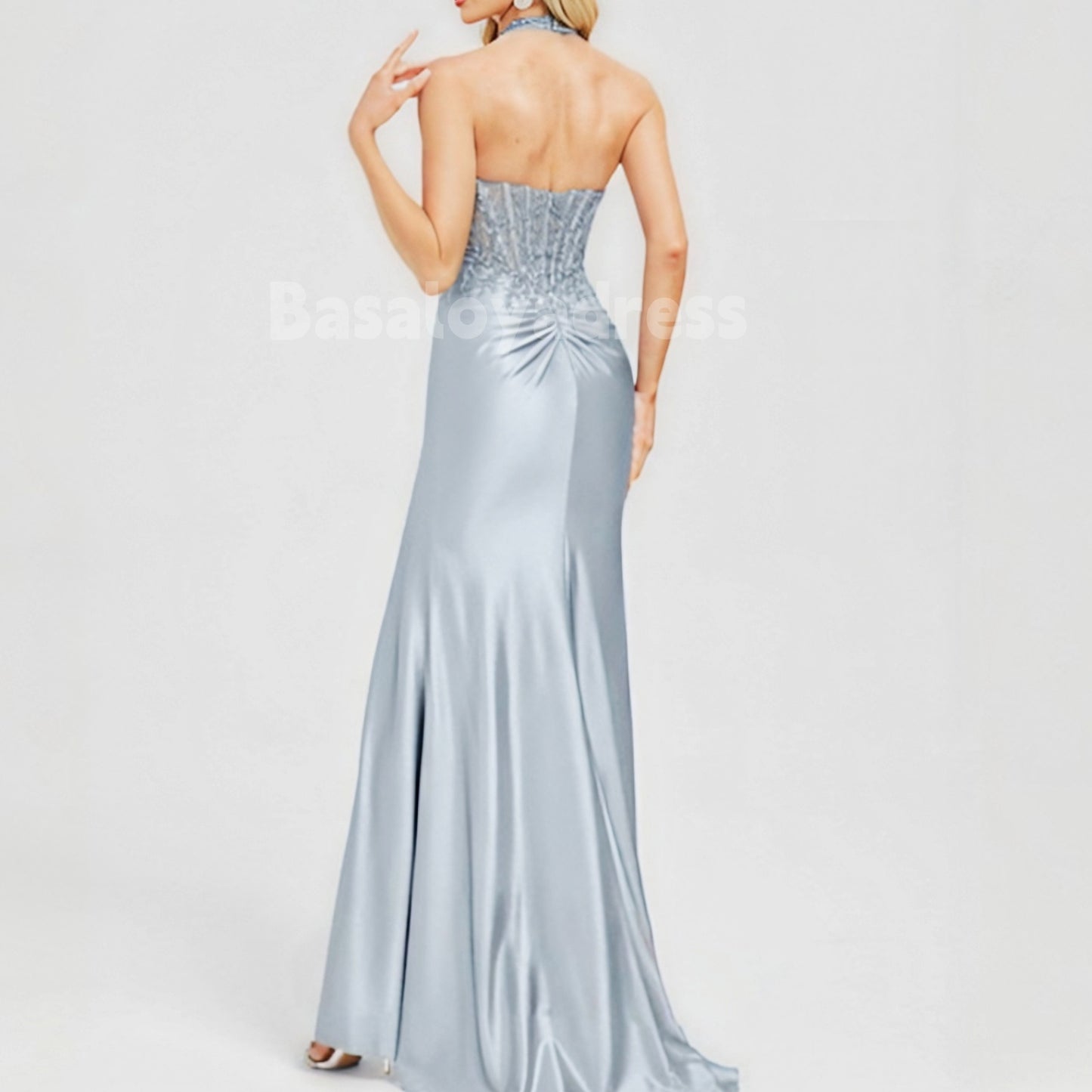 BDES00049 Mermaid Halter Sweep Train Jersey Prom Dresses With Sequins Appliques Lace Sexy High Slit