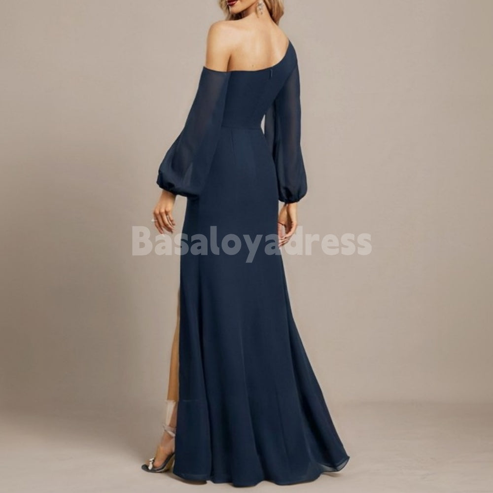 BDES00050 Mermaid Long Sleeve Asymmetric Shoulder Floor-Length Chiffon Pleated Evening Gown