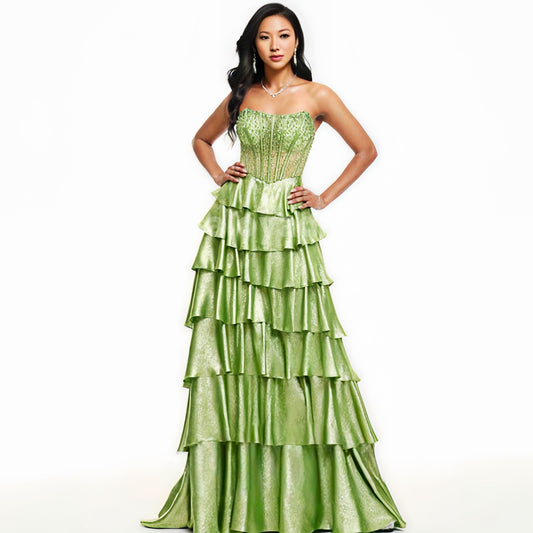 BDES00043 Green A-line Scoop Sweep Train Metallic Prom Dresses With Rhinestone Beading