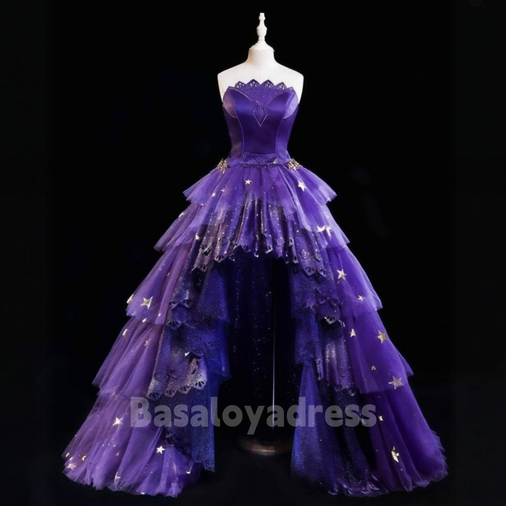 BSD00025 Custom Made Purple Star Sea Sleeveless Dress Top + Stars High-low Tiered Skirt Set Prom / Quinceanera Separates