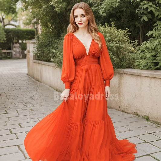 BDES00053 A-line Deep V-neck Waisted Loose Long Sleeve Floor-Length Chiffon Pleated Prom Dress