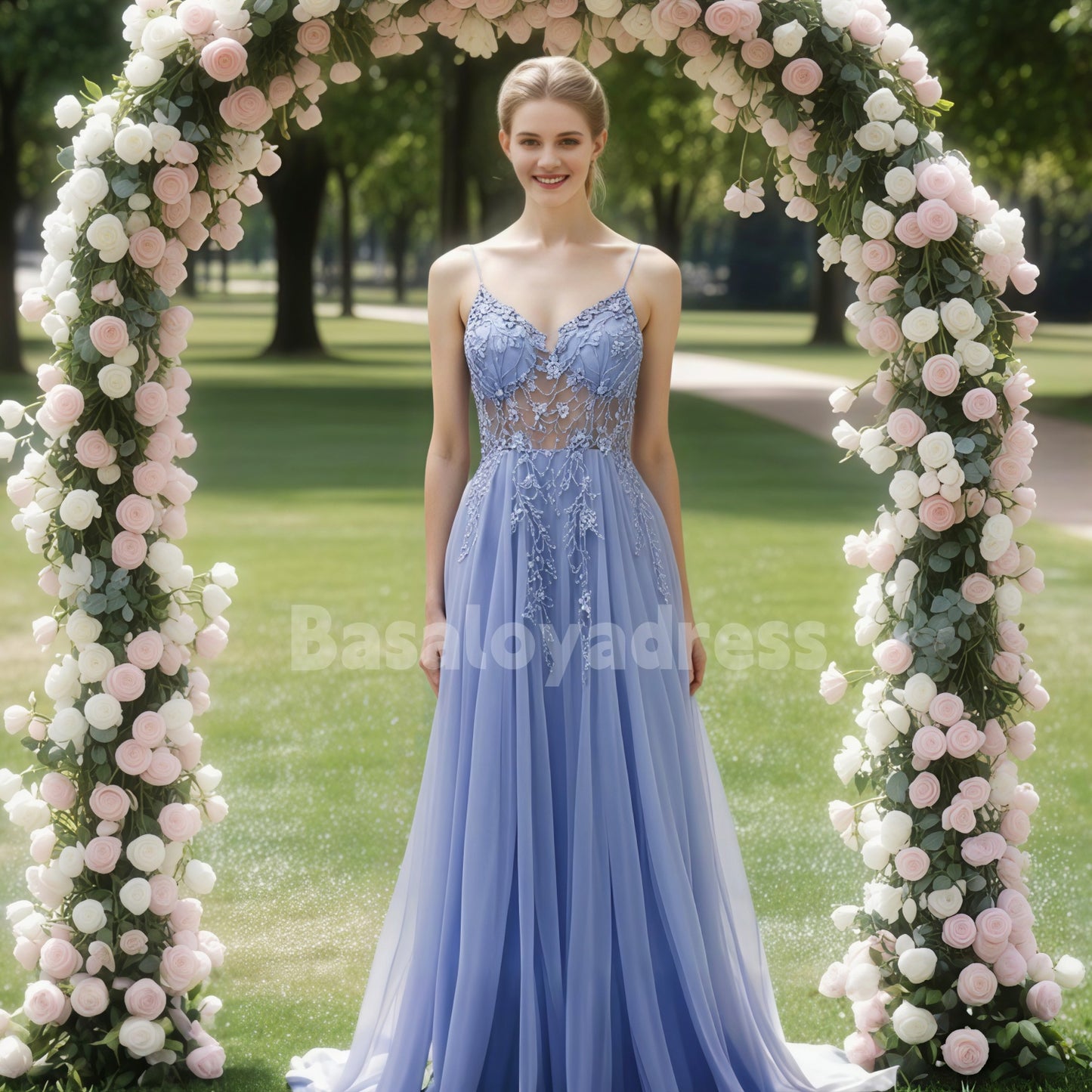 BDES00051 Light-colored Tulle Leg Slit A-line V-neck Spaghetti Straps with Train Prom Dress, Lace Appliques with Beaded Sequins