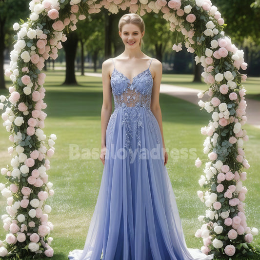 BDES00051 Light-colored Tulle Leg Slit A-line V-neck Spaghetti Straps with Train Prom Dress, Lace Appliques with Beaded Sequins