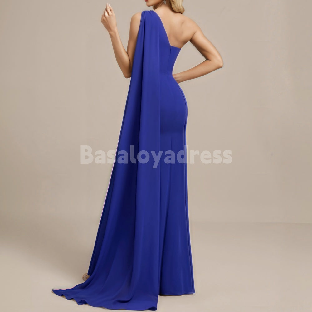 BDES00056 Royal Blue Trumpet/Mermaid Asymmetrical One Shoulder Floor-Length Chiffon Pleated Evening Dress with Cape on one side