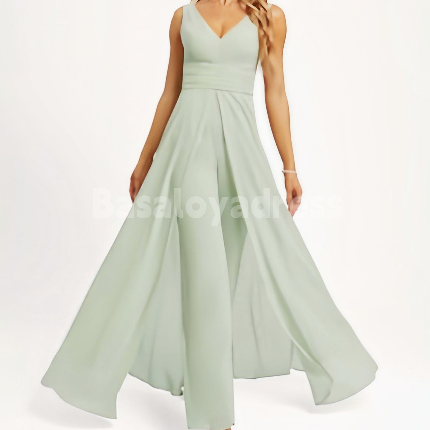 BDES00057 V-neck floor-length chiffon ruffled bridesmaid dress jumpsuit