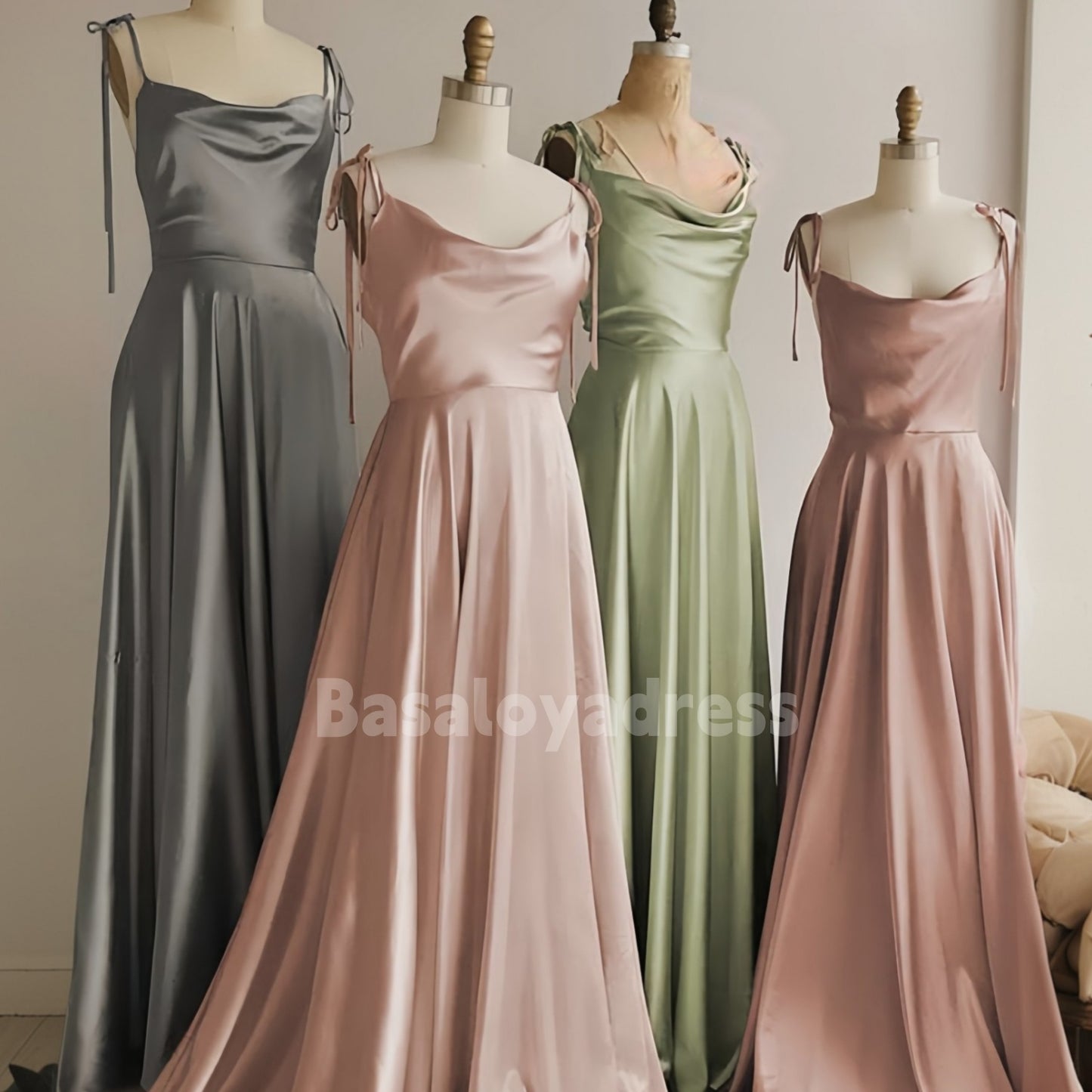 BDES00059 A-Line Satin Sleeveless Cowl Neck Long Spaghetti Strap Floor-Length Prom Dress with Pleated Slit