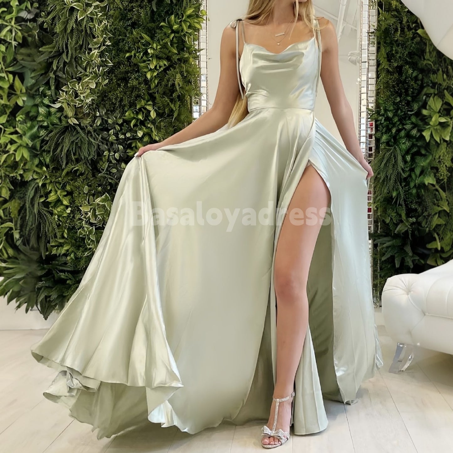 BDES00059 A-Line Satin Sleeveless Cowl Neck Long Spaghetti Strap Floor-Length Prom Dress with Pleated Slit