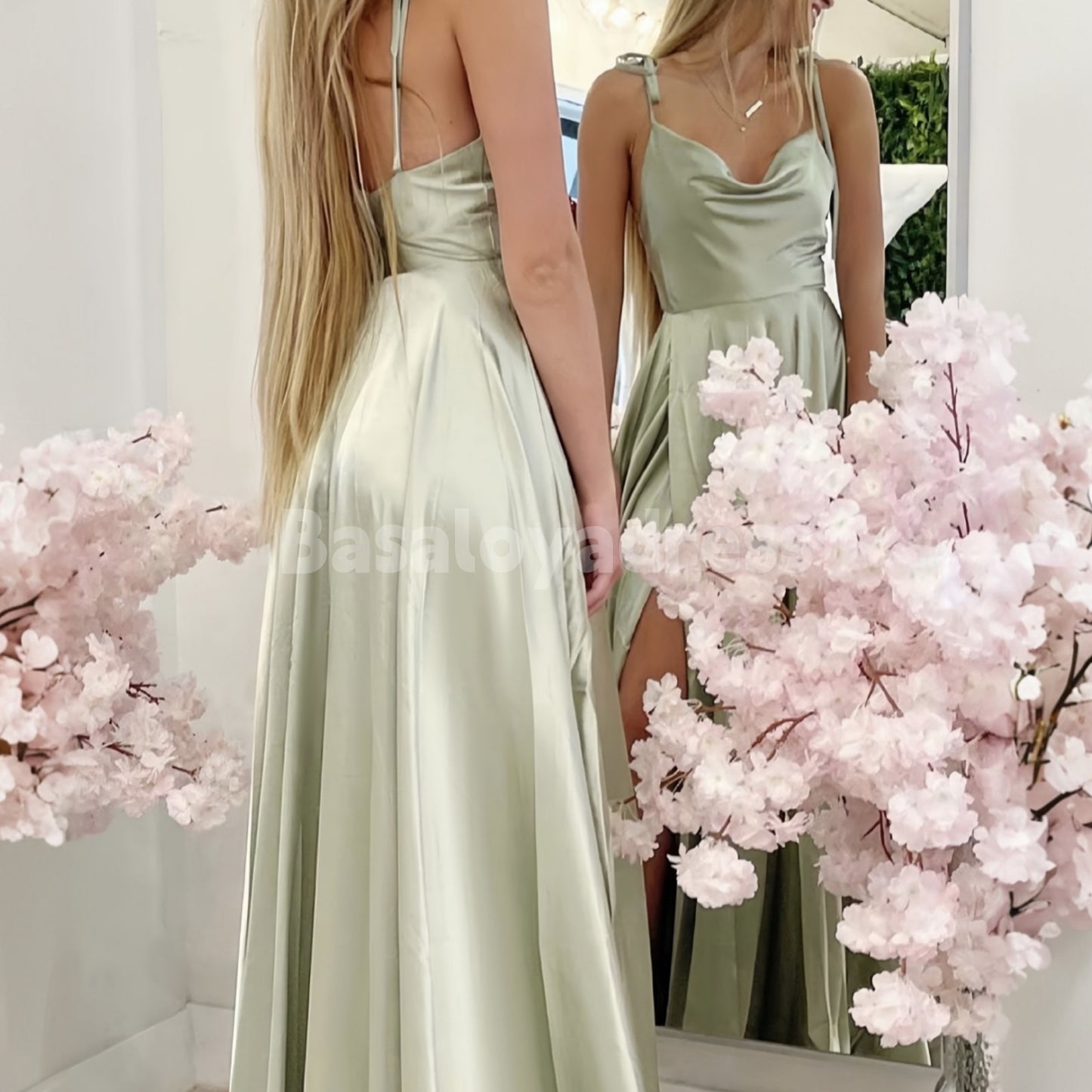 BDES00059 A-Line Satin Sleeveless Cowl Neck Long Spaghetti Strap Floor-Length Prom Dress with Pleated Slit