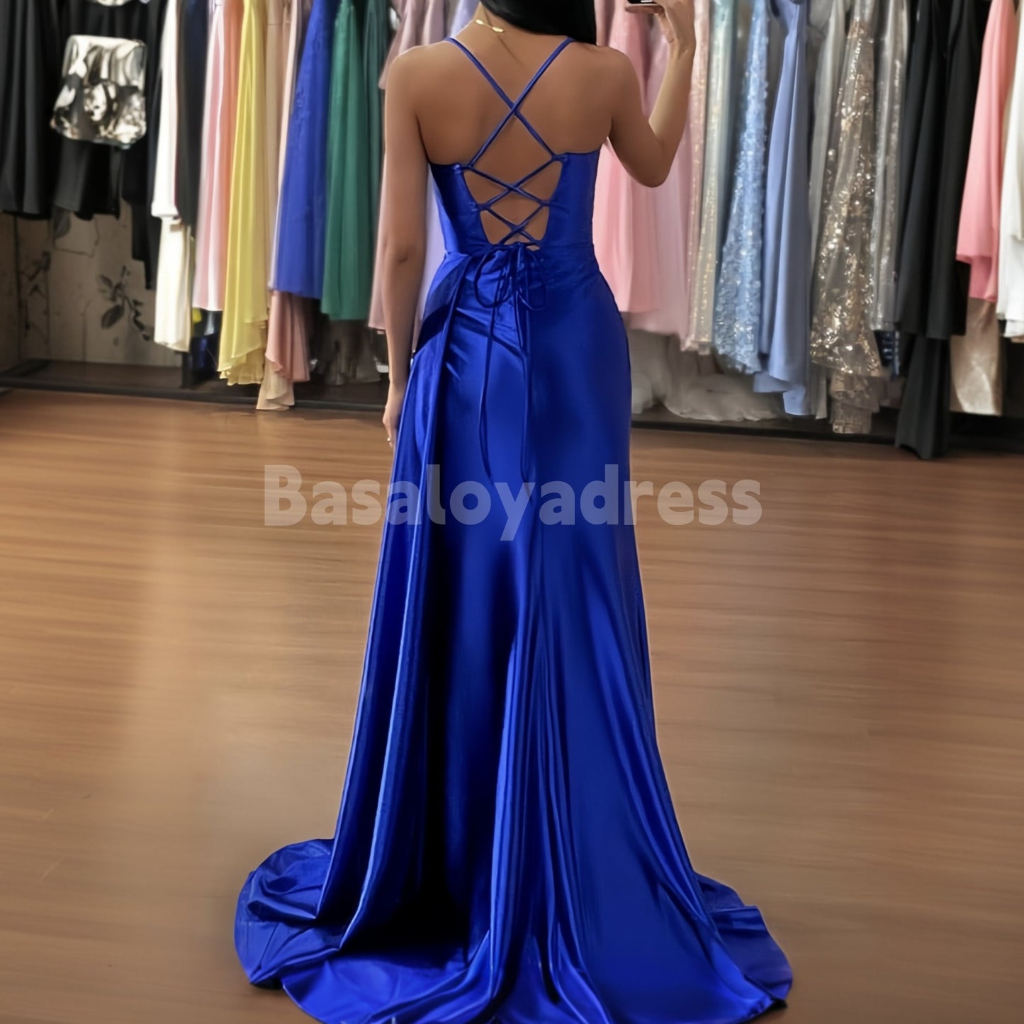 BDES00058 Trumpet/Mermaid Sweetheart Sleeveless Asymmetric Sweep Train Satin Ruched Prom Dress Leg Slit