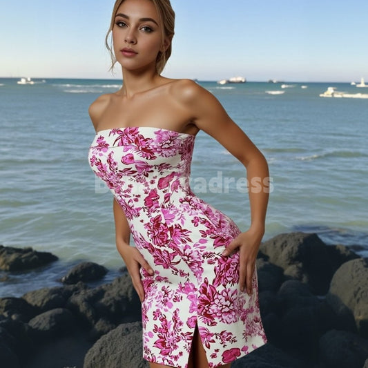 BSD00026 Women Y2k Off Shoulder Tube Dress Floral Printed Mini Dress Low Cut Clubwear