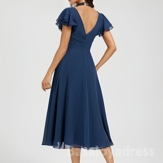 BSD00027 Women's Elegant A-line V-Neck Short Sleeve Tea-Length Chiffon Cocktail Dress With Ruffle