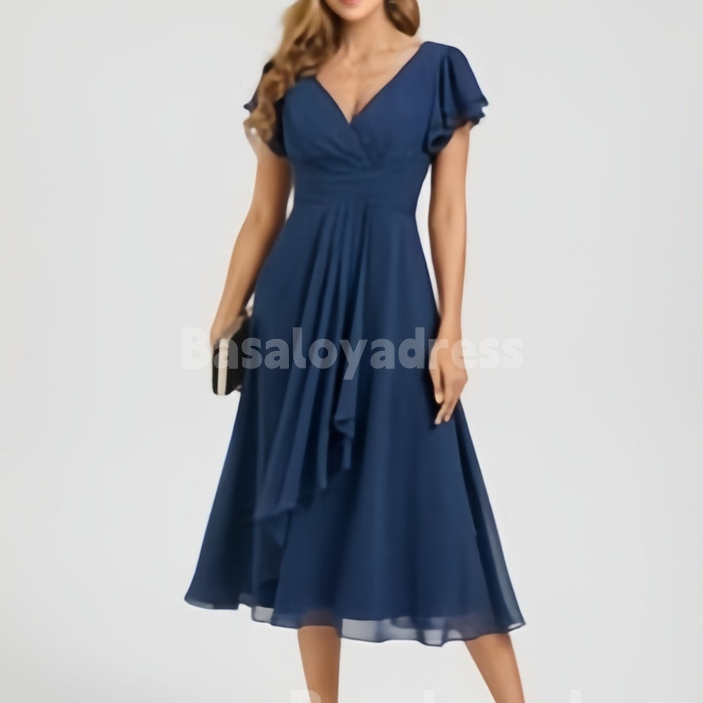 BSD00027 Women's Elegant A-line V-Neck Short Sleeve Tea-Length Chiffon Cocktail Dress With Ruffle