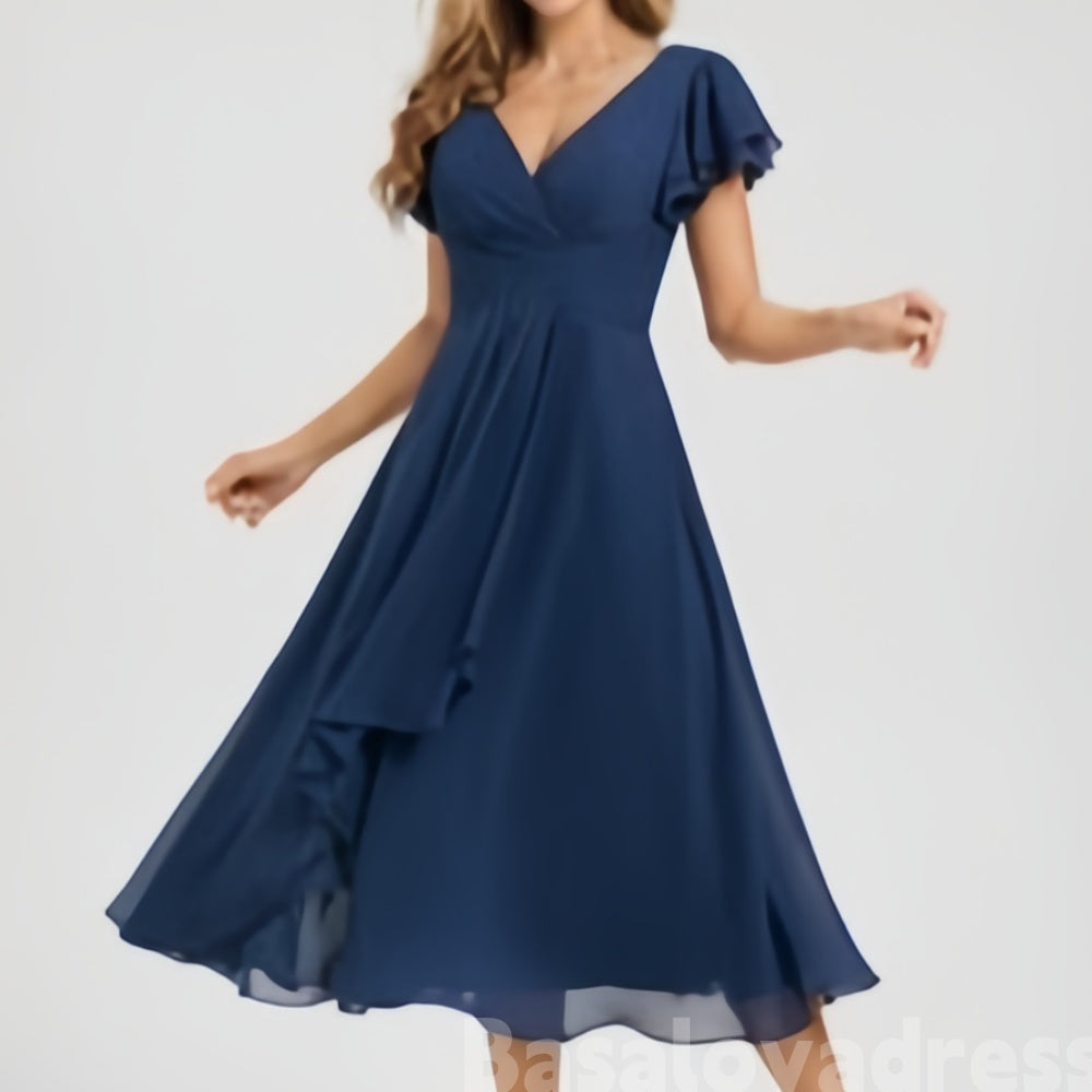 BSD00027 Women's Elegant A-line V-Neck Short Sleeve Tea-Length Chiffon Cocktail Dress With Ruffle
