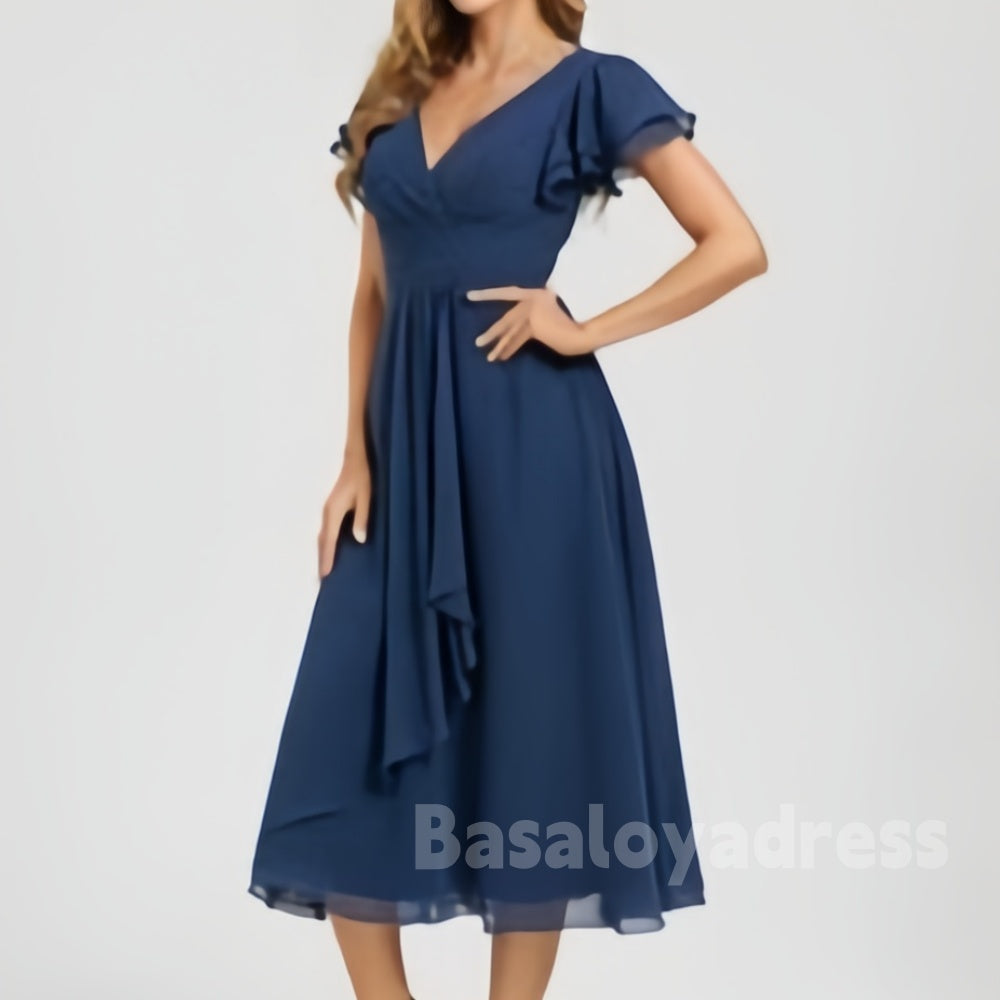 BSD00027 Women's Elegant A-line V-Neck Short Sleeve Tea-Length Chiffon Cocktail Dress With Ruffle