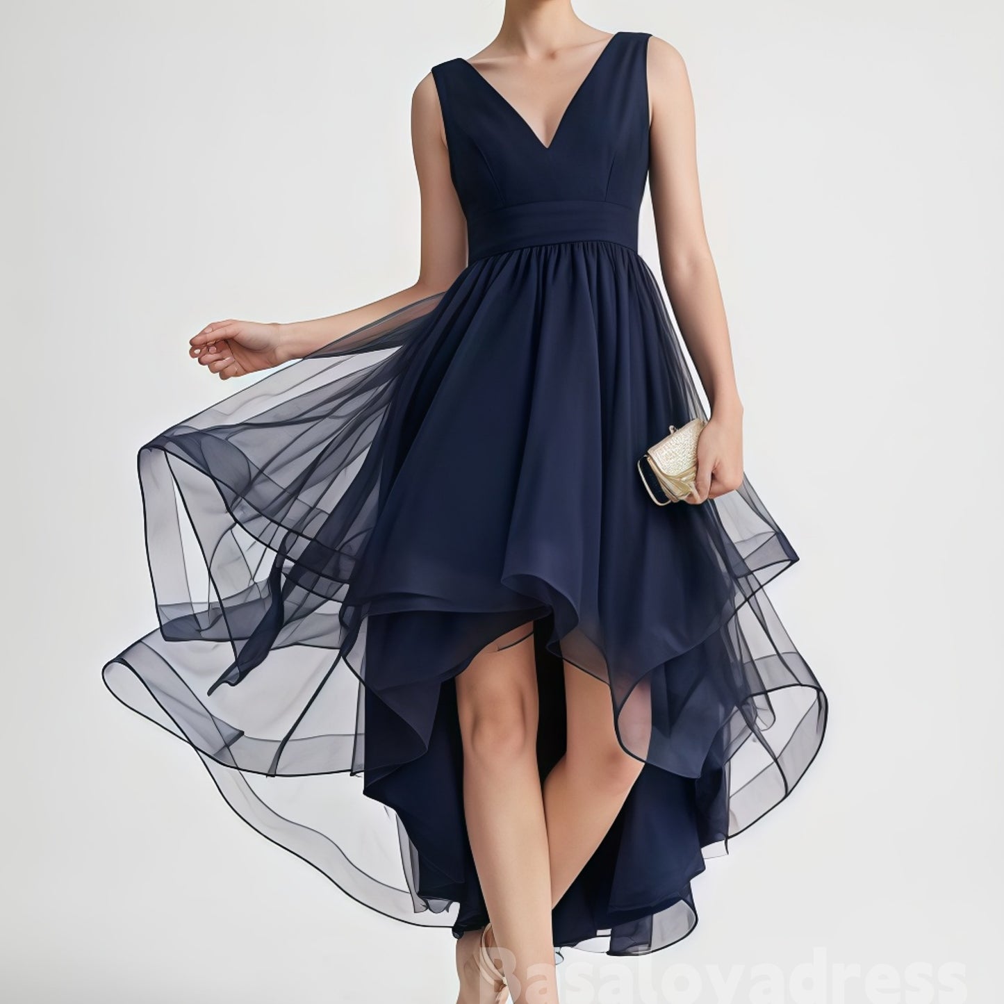 BSD00028 Asymmetrical A-line V-Neck High-Low Tulle Cocktail Dress With Cascading Ruffles Pleated