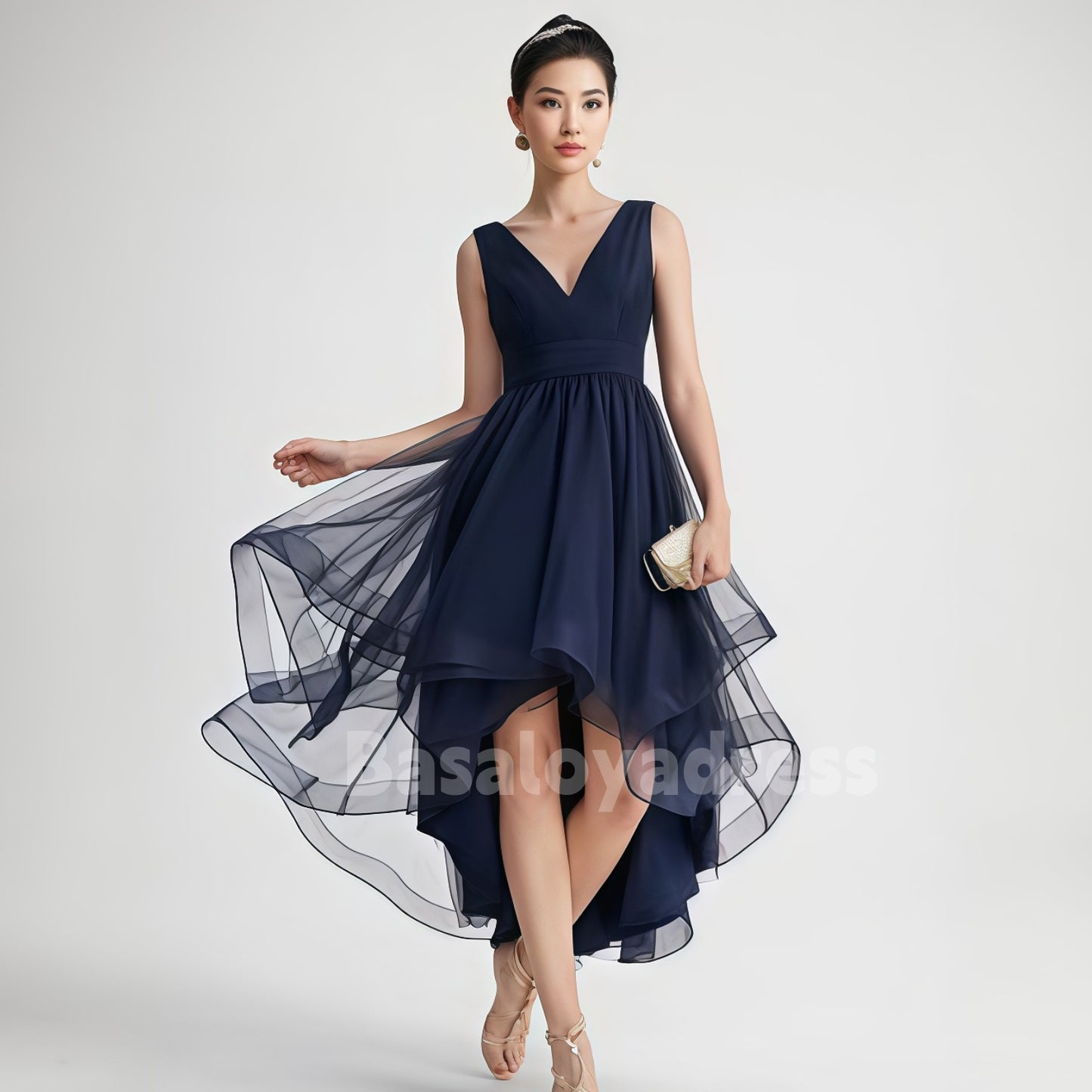 BSD00028 Asymmetrical A-line V-Neck High-Low Tulle Cocktail Dress With Cascading Ruffles Pleated