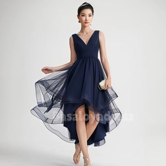 BSD00028 Asymmetrical A-line V-Neck High-Low Tulle Cocktail Dress With Cascading Ruffles Pleated