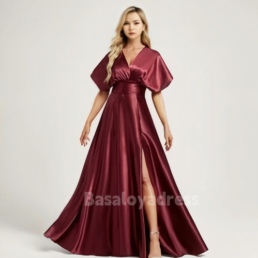 BDES00063 A-line Convertible One Shoulder/V-Neck/Halter Floor-Length Satin Bridesmaid Dress