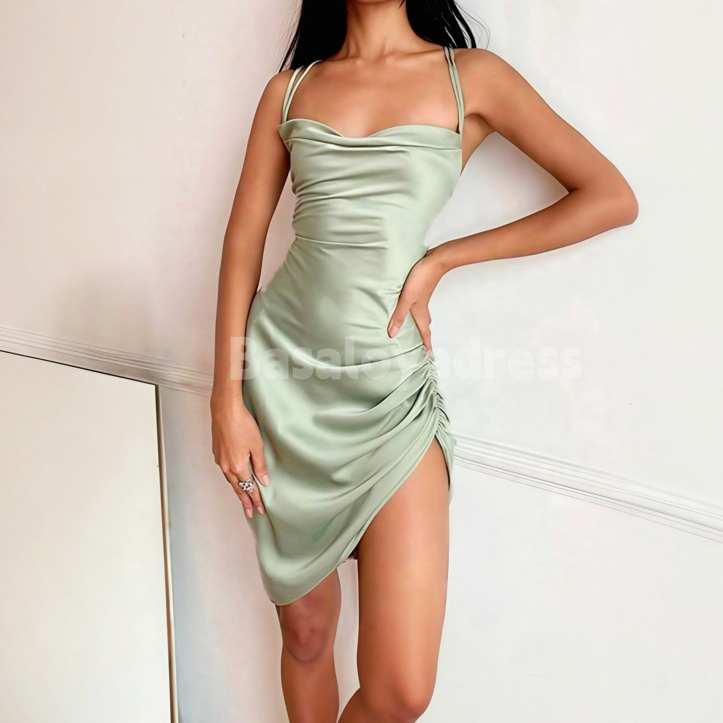 BSD00031 Sheath Scalloped Neck Sleeveless Asymmetrical Silk like Satin Homecoming Dress with Spaghetti Straps Lace Up