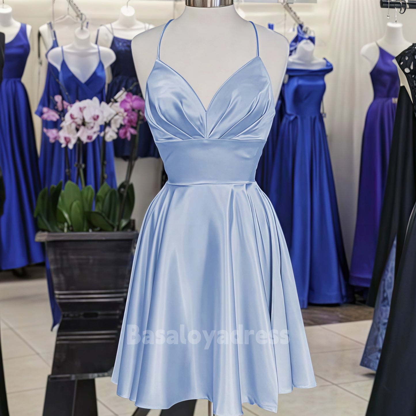 BSD00030 A-line V Neck Sleeveless Backless Lace-up Short/Mini Charmeuse Homecoming Dress with Pleated