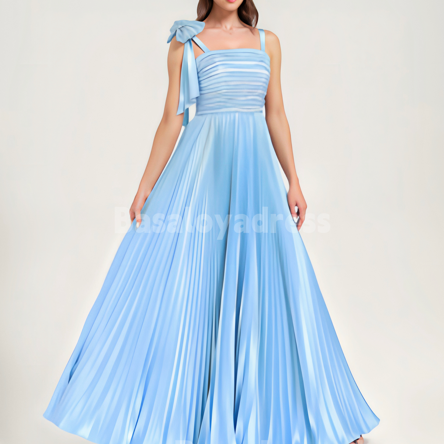 BDES00072 Chic A Line Neck Blue Long Party Dress Satin Bridesmaid Dress With Bow Pleated