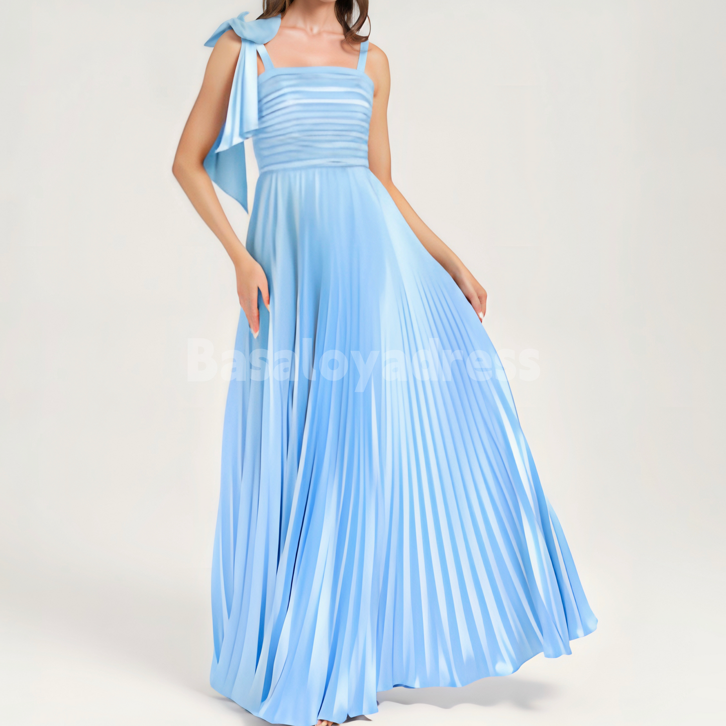 BDES00072 Chic A Line Neck Blue Long Party Dress Satin Bridesmaid Dress With Bow Pleated