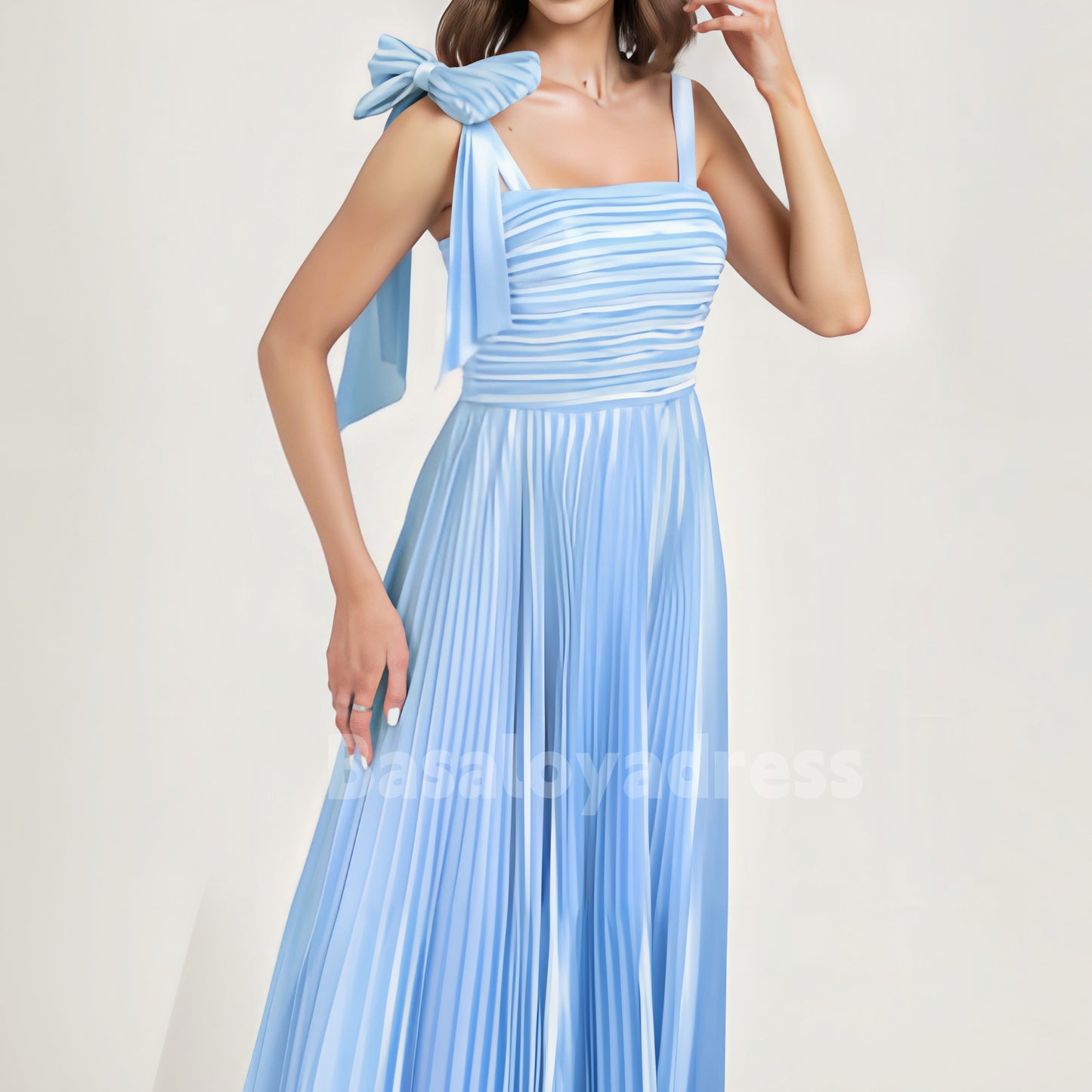 BDES00072 Chic A Line Neck Blue Long Party Dress Satin Bridesmaid Dress With Bow Pleated