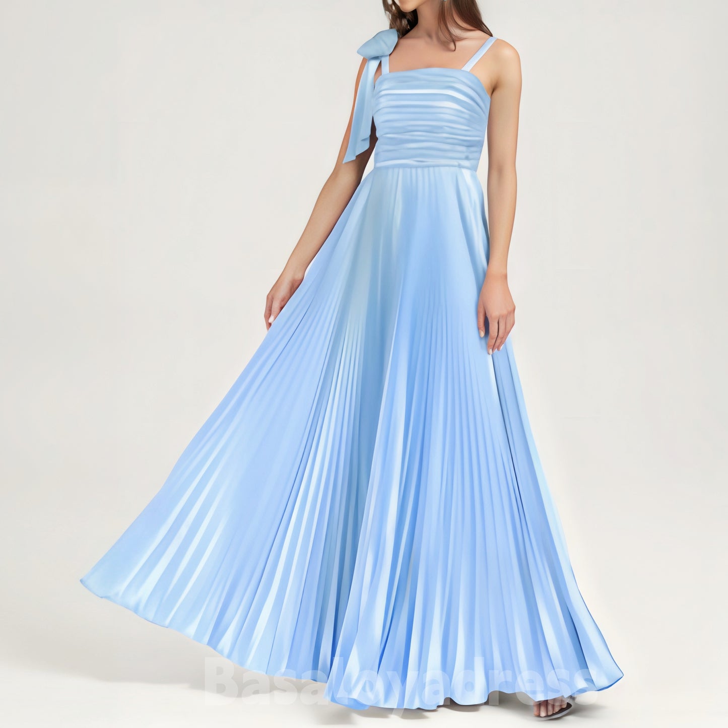 BDES00072 Chic A Line Neck Blue Long Party Dress Satin Bridesmaid Dress With Bow Pleated