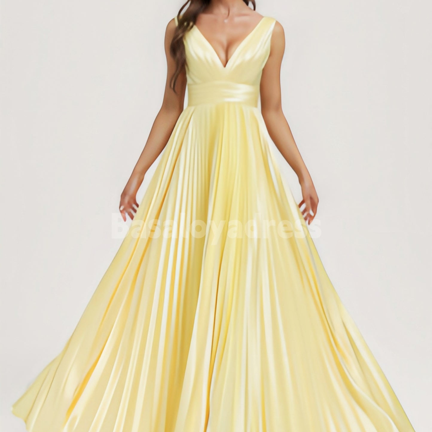 BDES00068 Light Yellow Gentle A-line V-Neck Floor-Length Stretch Satin Bridesmaid Dress With Pleated