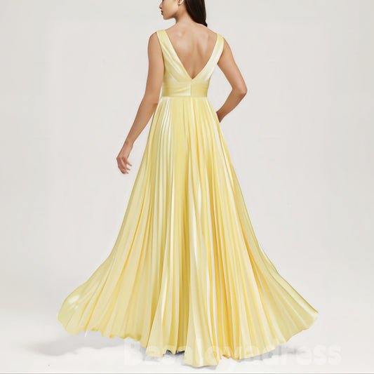 BDES00068 Light Yellow Gentle A-line V-Neck Floor-Length Stretch Satin Bridesmaid Dress With Pleated