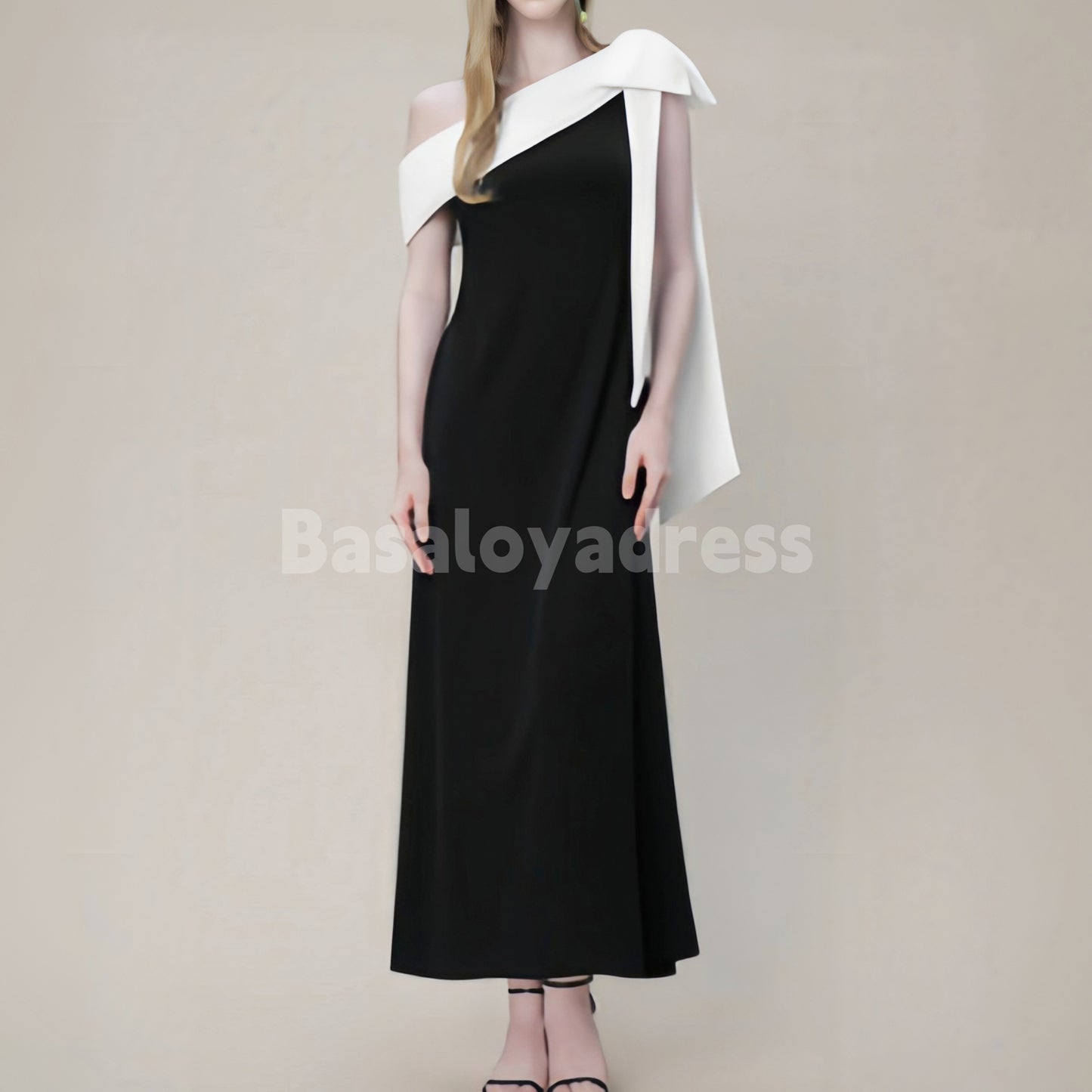 BDES00067 A-line One Shoulder Bowknot Pleated 1920s Inspired Evening Dress Ankle-Length Stretch Crepe Dress