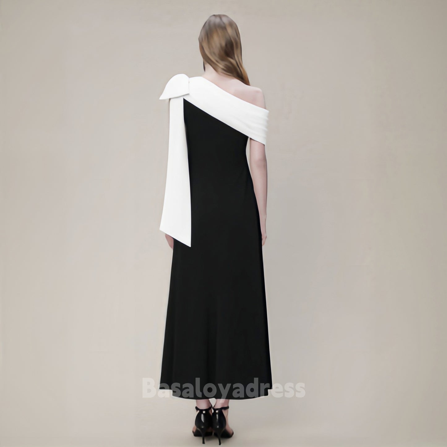 BDES00067 A-line One Shoulder Bowknot Pleated 1920s Inspired Evening Dress Ankle-Length Stretch Crepe Dress