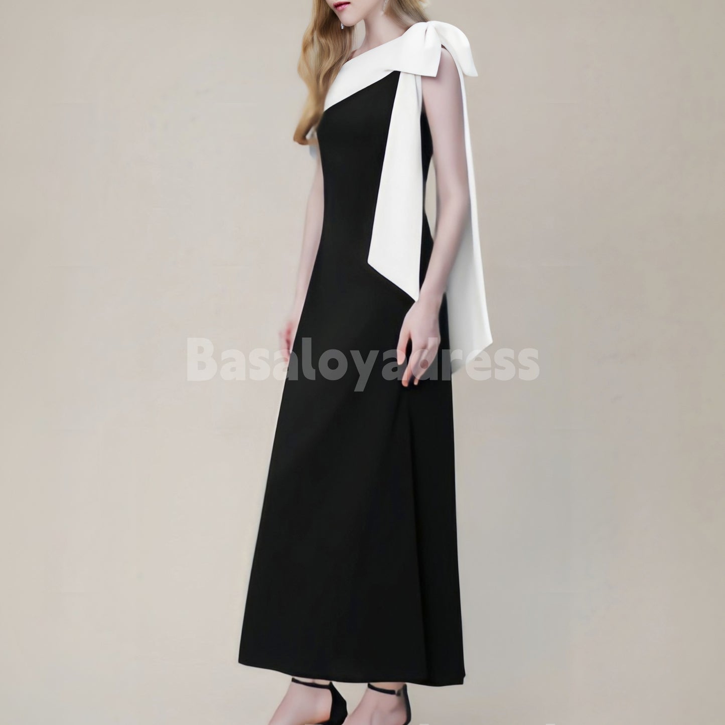 BDES00067 A-line One Shoulder Bowknot Pleated 1920s Inspired Evening Dress Ankle-Length Stretch Crepe Dress