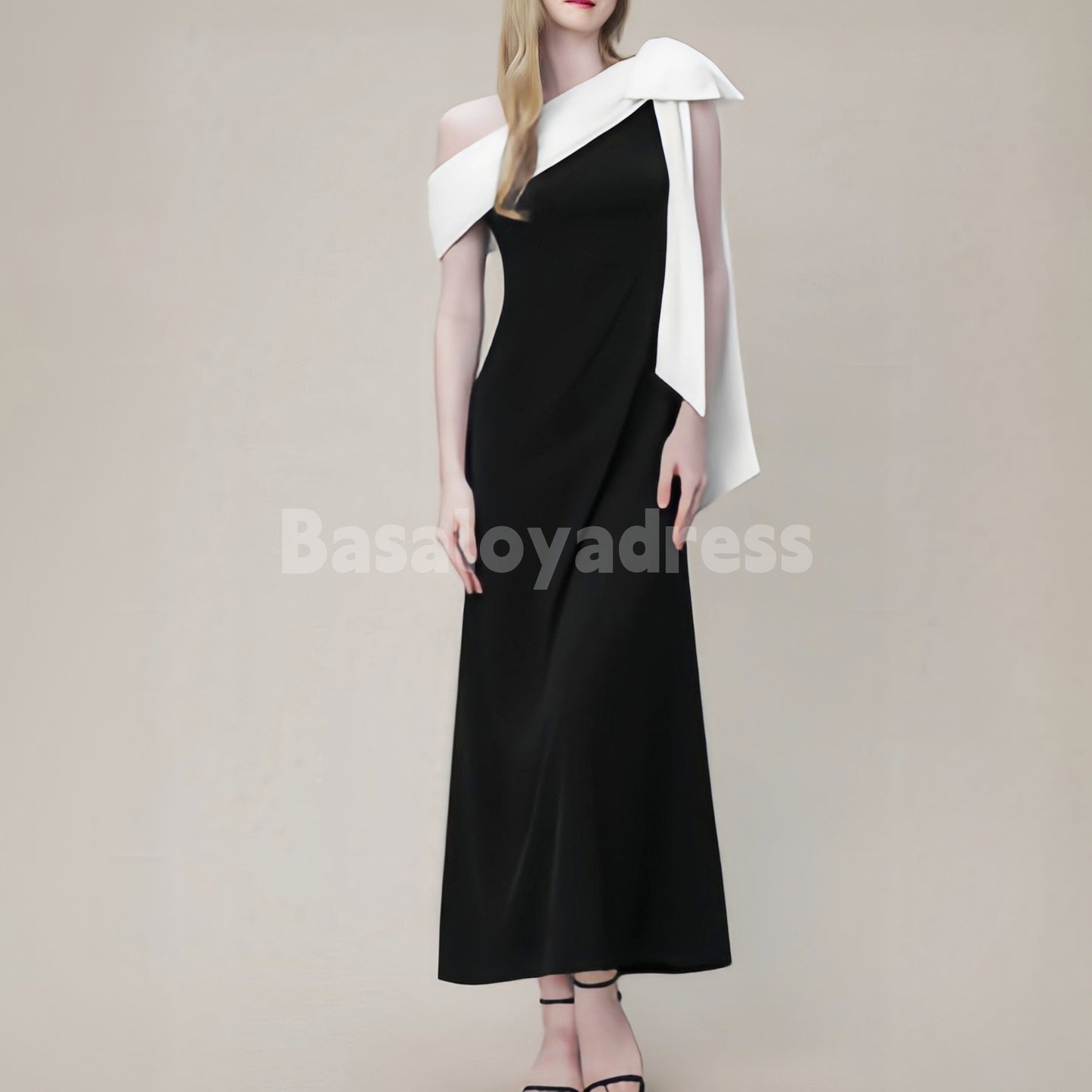 BDES00067 A-line One Shoulder Bowknot Pleated 1920s Inspired Evening Dress Ankle-Length Stretch Crepe Dress